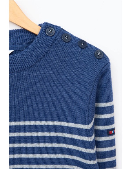 Jersey Batela bretón de lana cuello redondo y botones AZUL CREMA